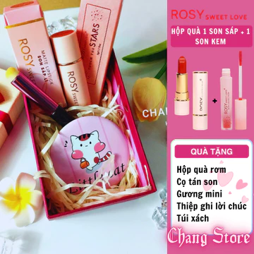 COMBO HỘP QUÀ son sáp và son kem lì Rosy Sweet Love Tặng kèm cọ và gương quà tặng 20/10 20/11 14/2