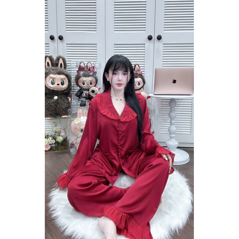 50-65kg Bộ pijama tiểu thư cổ sam phối voan óng lụa latin mềm mát