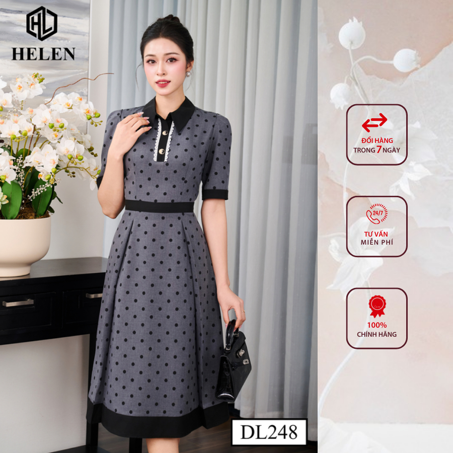 Đầm công sở HELEN thiết kế dáng xòe ghi chấm đen cổ đức DL248