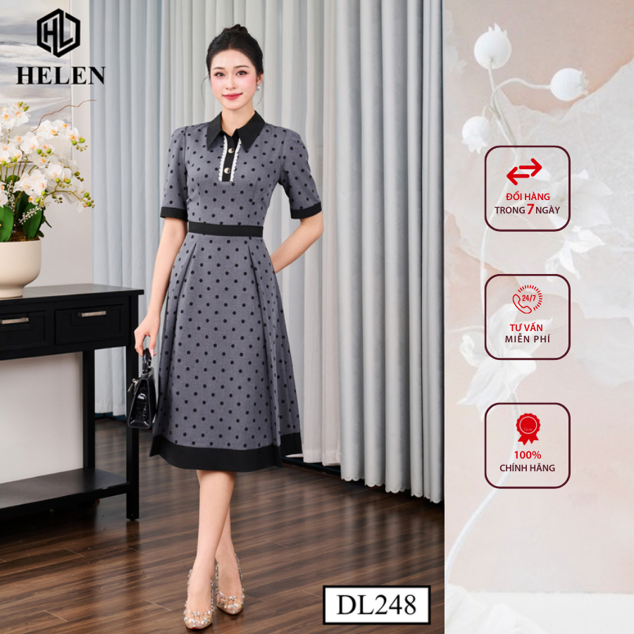 Đầm công sở HELEN thiết kế dáng xòe ghi chấm đen cổ đức DL248