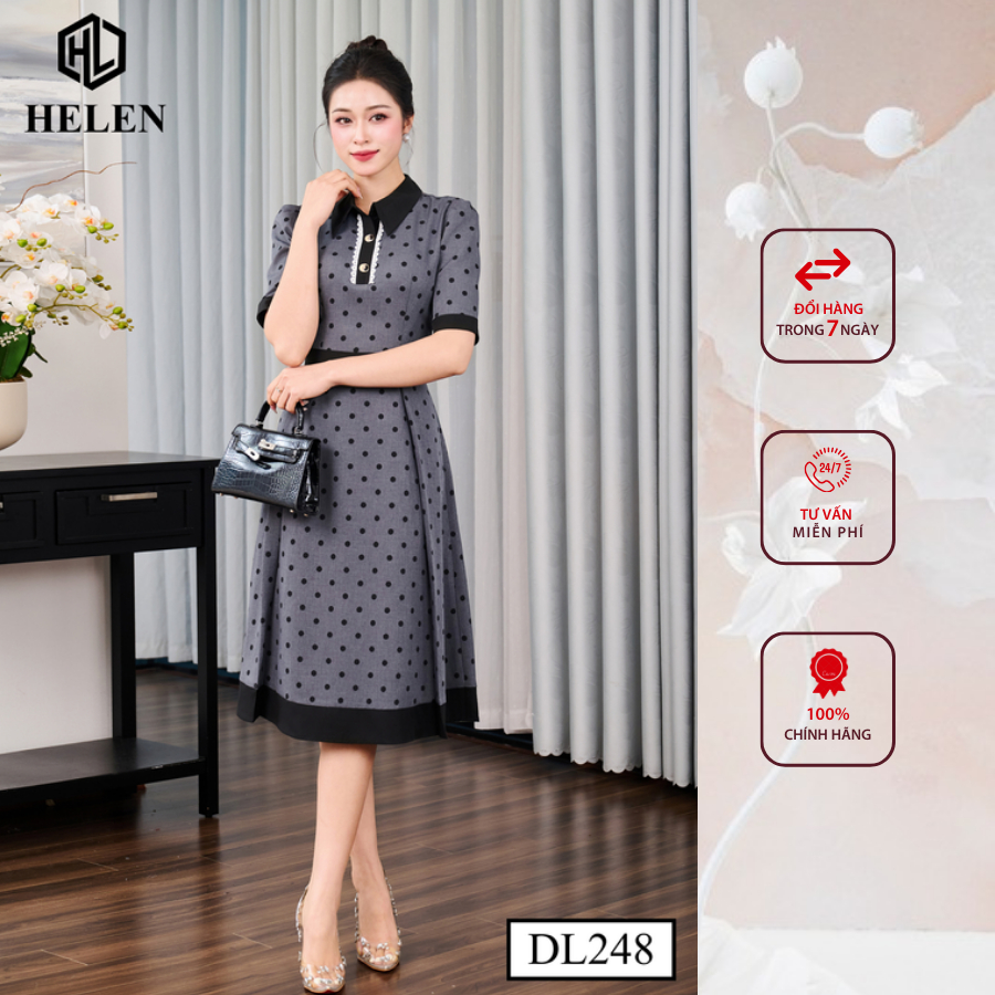 Đầm công sở HELEN thiết kế dáng xòe ghi chấm đen cổ đức DL248