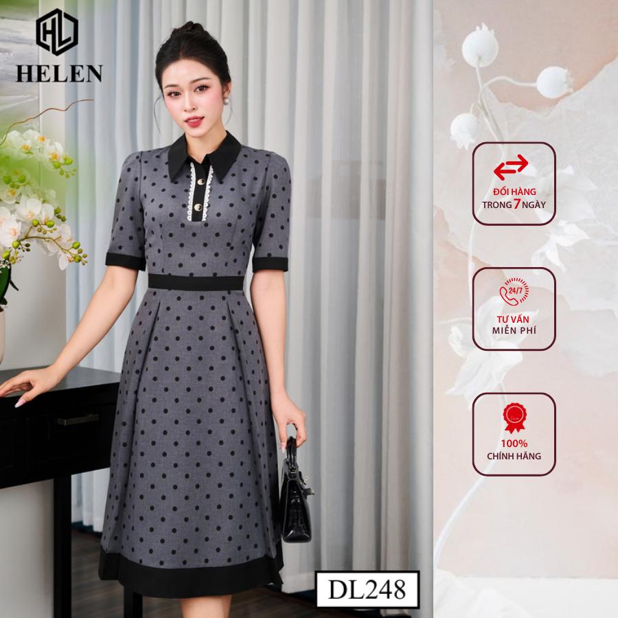 Đầm công sở HELEN thiết kế dáng xòe ghi chấm đen cổ đức DL248