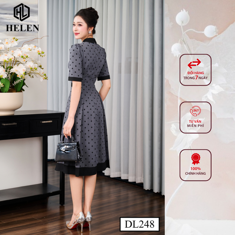 Đầm công sở HELEN thiết kế dáng xòe ghi chấm đen cổ đức DL248