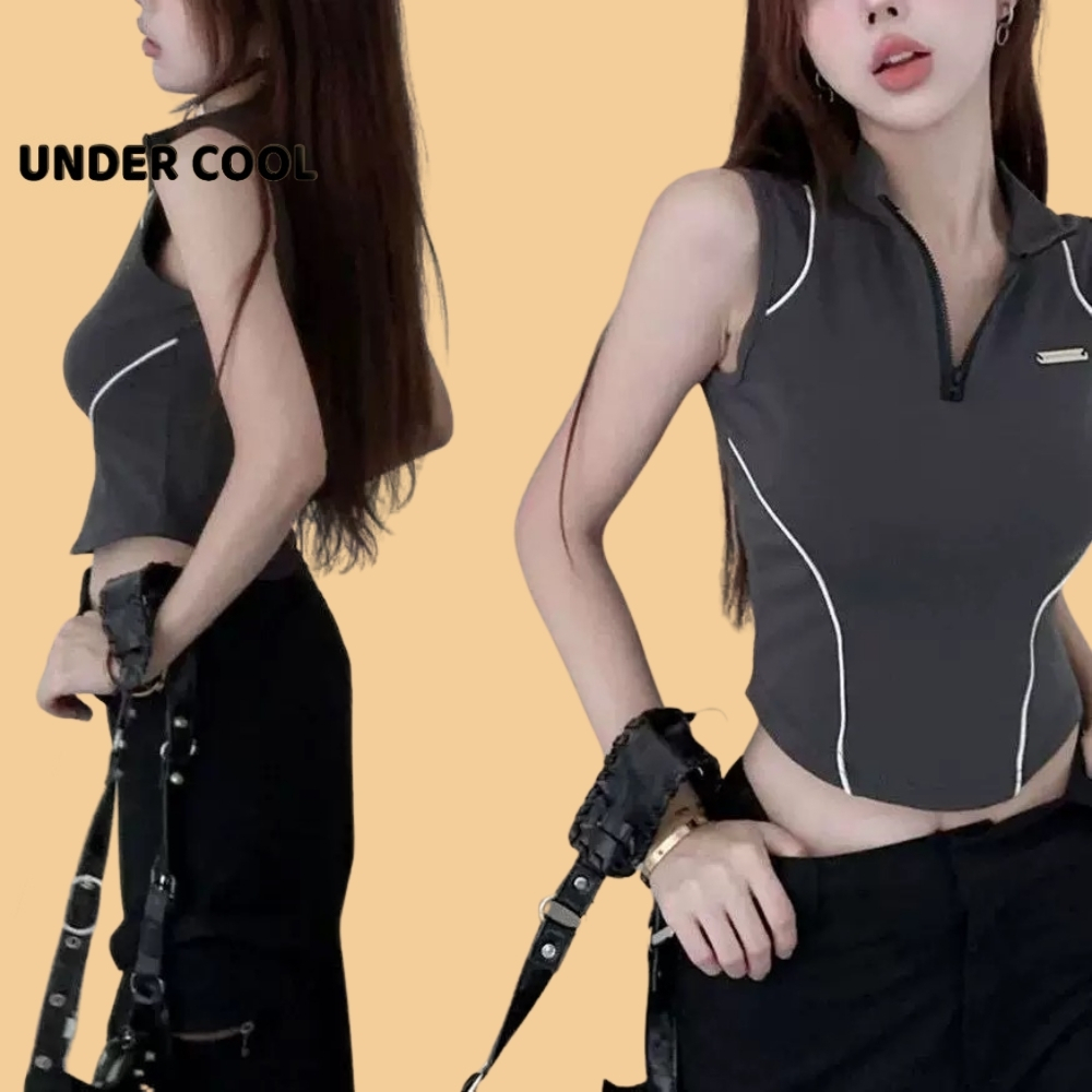 Áo Tanktop Thể Thao UNDERCOOL – Croptop Ôm Body, Cổ Cao Khóa Kéo, Thiết Kế Năng Động, Chất Co Giãn Thoáng Mát ABL36