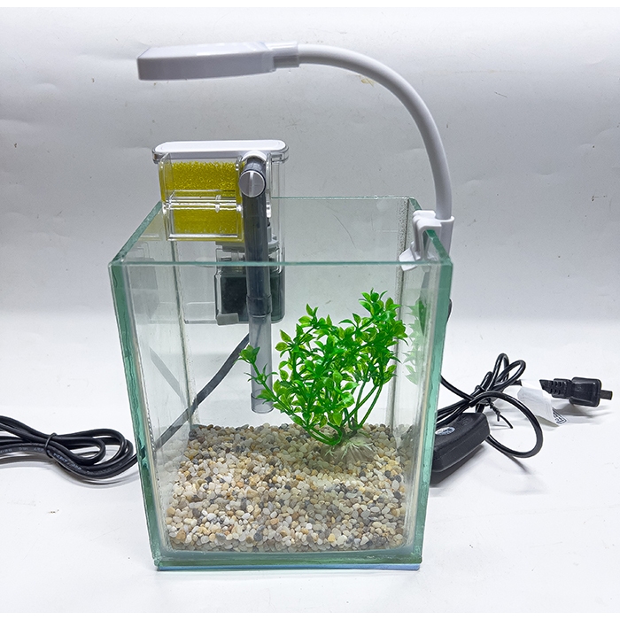 Combo Bể Kính Nuôi Cá Mini 13x10x16cm Kèm Sỏi, Rong Trang Trí + Lọc + Đèn