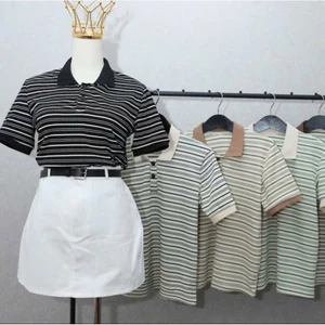 Áo thun polo nữ cộc tay, thiết kế kẻ sọc mới, chất vải coton thoáng mát, hot 2025