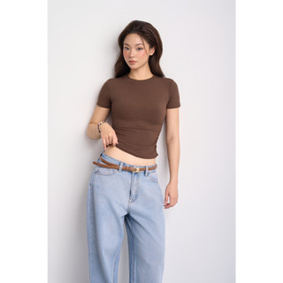 THEKIM Áo thun tăm ngắn tay cổ tròn nhún chun cạnh eo , áo thun nữ cotton tôn dáng T271
