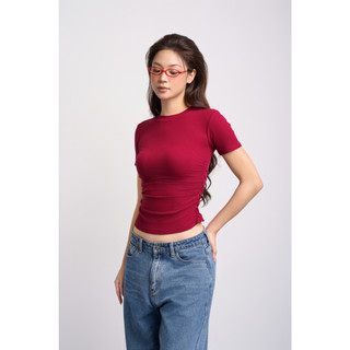 THEKIM Áo thun tăm ngắn tay cổ tròn nhún chun cạnh eo , áo thun nữ cotton tôn dáng T271