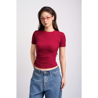 THEKIM Áo thun tăm ngắn tay cổ tròn nhún chun cạnh eo , áo thun nữ cotton tôn dáng T271