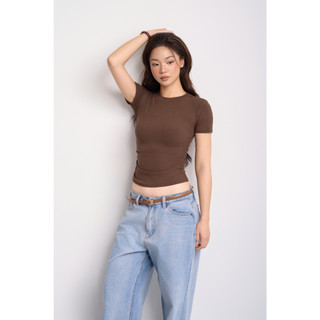 THEKIM Áo thun tăm ngắn tay cổ tròn nhún chun cạnh eo , áo thun nữ cotton tôn dáng T271