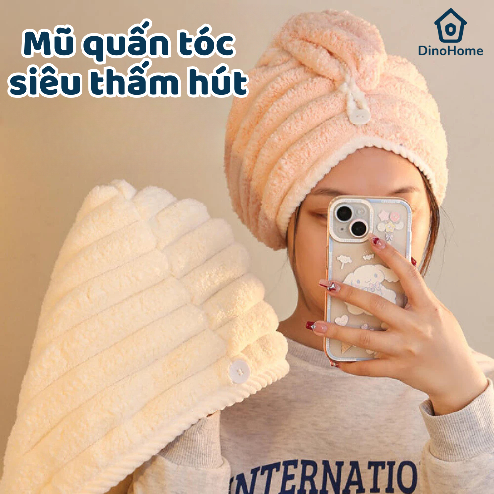 Mũ Quấn Tóc Siêu Thấm Hút Nhanh Khô, Khăn Lau Tóc Lọn Bông To Siêu Thấm Hút DINO