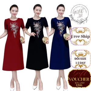 Thời Trang Trung Niên-BigSize-Suôn A-ĐẦM THÊU HOA PHỐI KIM SA SANG TRỌNG