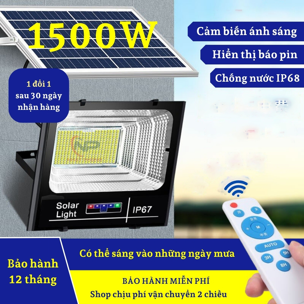 Combo đèn năng lượng mặt trời SHOP NHẬT PHONG,đèn pha trang trí sân vườn 1 khoang đơn 1500W cảm biến ánh sáng, remot