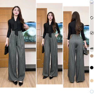 Quần khoá kẻ tim ống rộng dài 100-102cm