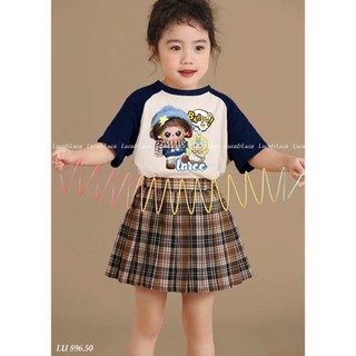 [B&G] Sét chân váy caro xếp ly kèm áo thun baby three phối màu cho bé gái từ 12-45kg(2-12 tuổi)