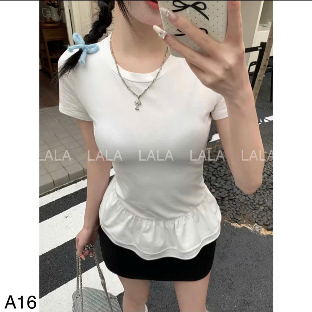 Áo thun nữ nối viền nhún bèo ngắn tay xinh xắn phong cách mùa hè mới LALASTORE A16