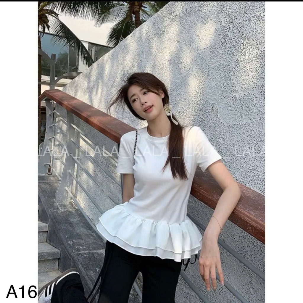 Áo thun nữ nối viền nhún bèo ngắn tay xinh xắn phong cách mùa hè mới LALASTORE A16