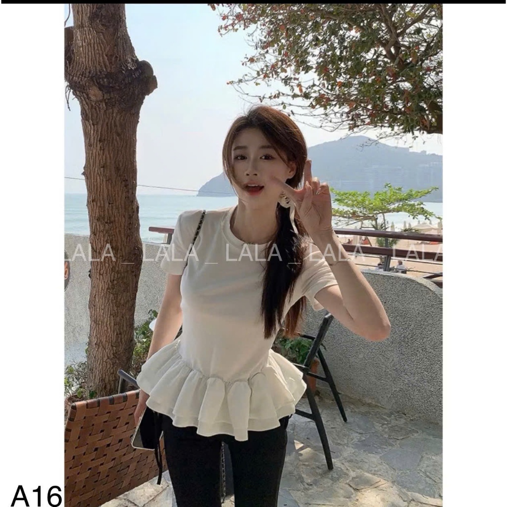 Áo thun nữ nối viền nhún bèo ngắn tay xinh xắn phong cách mùa hè mới LALASTORE A16