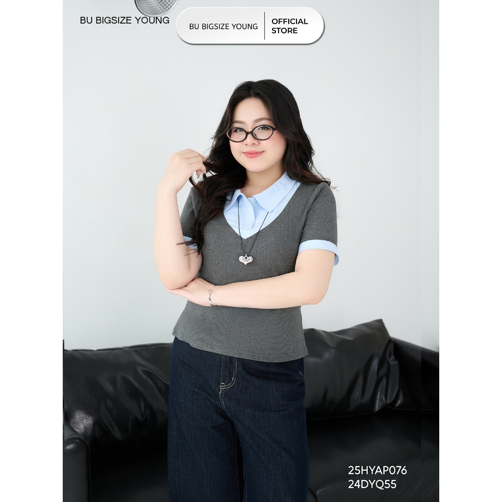 Áo thun phối cổ sơ mi xanh BIGSIZE (55kg đến 95kg) – 25HYAP076 - [BU ...