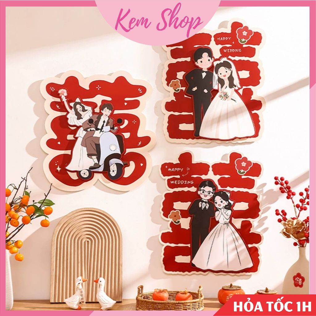Chữ hỷ đám cưới giấy 3D hoạ tiết phu thê trang trí phòng cưới, xe hoa - Kem Shop K83
