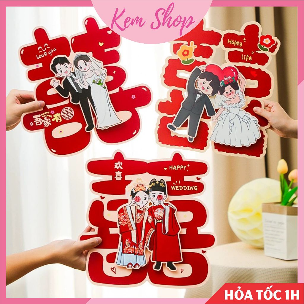 Chữ hỷ đám cưới giấy 3D hoạ tiết phu thê trang trí phòng cưới, xe hoa - Kem Shop K83