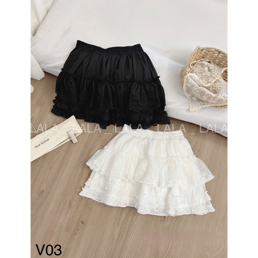 Chân váy phối ren 2 tầng cạp chun có lót quần dễ phối đồ LALASTORE V03