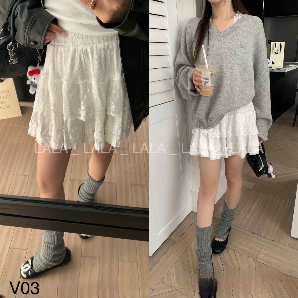 Chân váy phối ren 2 tầng cạp chun có lót quần dễ phối đồ LALASTORE V03