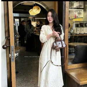 Váy Suông Thô Đục Lỗ Dáng Dài Cổ Chữ V Buộc Dây, Đầm Thêu Ren Boho Tiểu Thư Tay Bồng Đi Biển Cafe - CHAMIE STUDIO