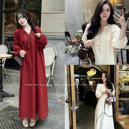 Váy Suông Thô Đục Lỗ Dáng Dài Cổ Chữ V Buộc Dây, Đầm Thêu Ren Boho Tiểu Thư Tay Bồng Đi Biển Cafe - CHAMIE STUDIO
