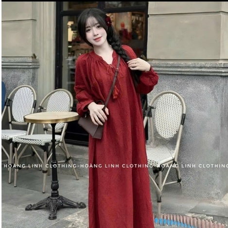 Váy Suông Thô Đục Lỗ Dáng Dài Cổ Chữ V Buộc Dây, Đầm Thêu Ren Boho Tiểu Thư Tay Bồng Đi Biển Cafe - CHAMIE STUDIO