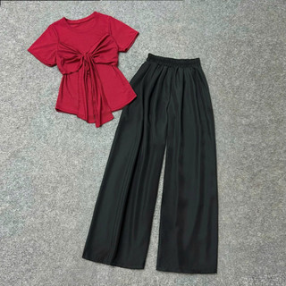 Đồ Bộ Bigsize Nữ Áo Thun Thắt Nơ Tay Ngắn Phối Quần Lụa Ống Suông Rộng Thanh Lịch SET968