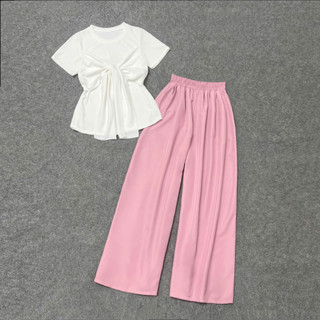 Đồ Bộ Bigsize Nữ Áo Thun Thắt Nơ Tay Ngắn Phối Quần Lụa Ống Suông Rộng Thanh Lịch SET968