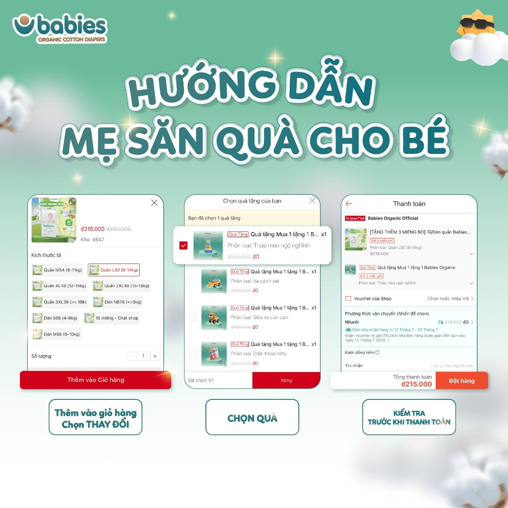 Ảnh Combo 8 Bịch Tã/Bỉm Babies Organic Mỏng Thoáng, Siêu Thấm Hút, Mềm Mịn, Có Đủ Size NB/S/M/L/XL/2XL/3XL 2