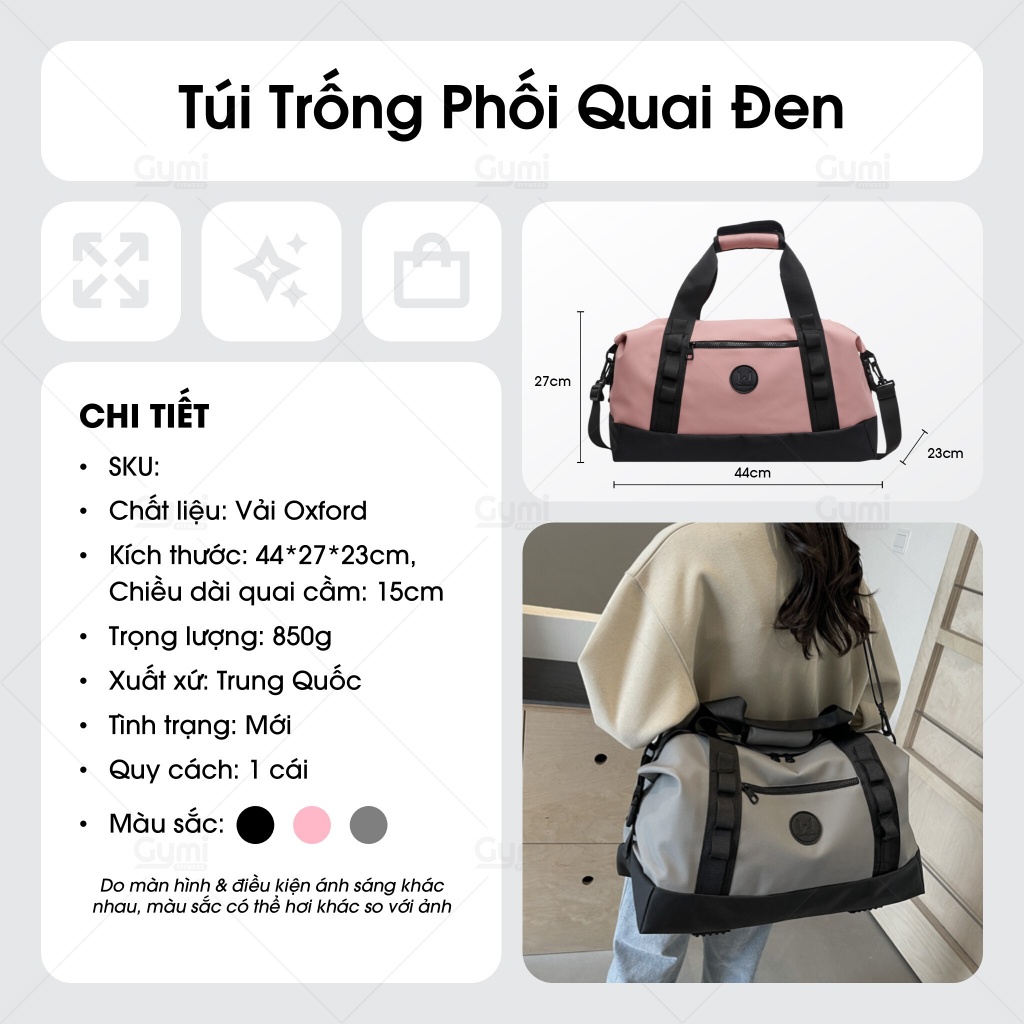Túi Trống Phối Quai Đen Tập Gym - Thể Thao Đa Năng, Du Lịch, Thời Trang, Đeo Chéo Hoặc Xách - TuiTrongQuaiDen