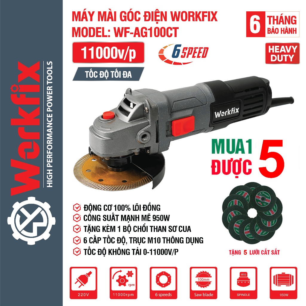 Máy mài cầm tay WORKFIX -AG100CT Màu Xám, 950W Chỉnh 6 Tốc độ, Có Chống khởi động lại, Công Tắc Cạnh