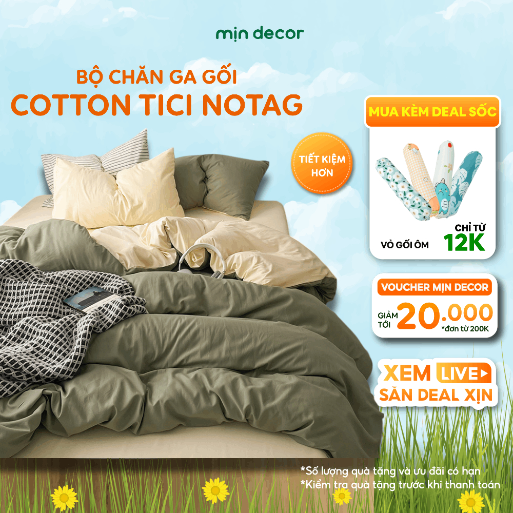 Ảnh Bộ Chăn Ga Gối Cotton Tici NoTag Mịn Decor Bo Chun 10cm, Phối Màu Pastel Basic Phong Cách Hàn Quốc, Hiện Đại 1