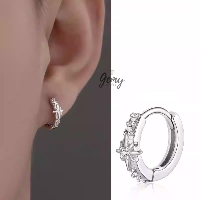 Khuyên tai nam thanh thẳng bạc S925 kế ngôi sao đính đá cực chất Starlight 2 KN150 (1 chiếc) | GEMY SILVER