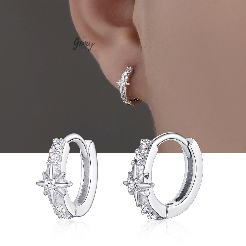 Khuyên tai nam thanh thẳng bạc S925 kế ngôi sao đính đá cực chất Starlight 2 KN150 (1 chiếc) | GEMY SILVER