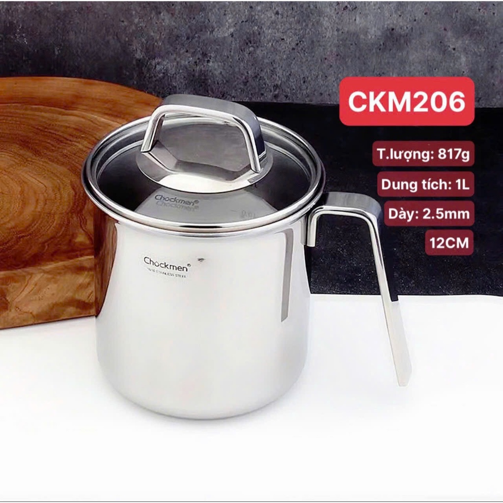 Ca Inox Chockmen 1L Đun Nấu Được Kèm Nắp Kính, Ca Đong Inox Kèm Nắp CKM206