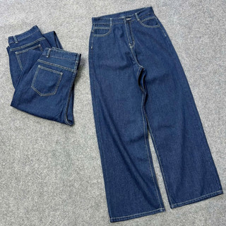 Quần Jean Bigsize Nữ Viền Chỉ Trắng Ống Suông Rộng Cạp Cao Vải Denim Không Co Giãn Cho Chubby