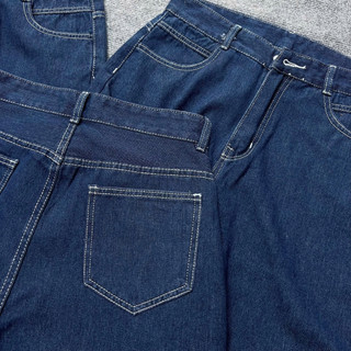Quần Jean Bigsize Nữ Viền Chỉ Trắng Ống Suông Rộng Cạp Cao Vải Denim Không Co Giãn Cho Chubby