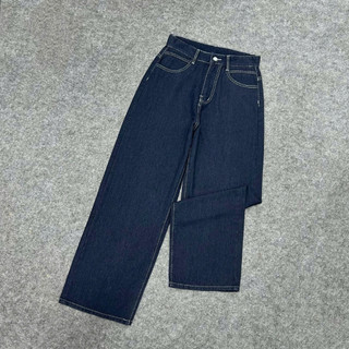 Quần Jean Bigsize Nữ Viền Chỉ Trắng Ống Suông Rộng Cạp Cao Vải Denim Không Co Giãn Cho Chubby