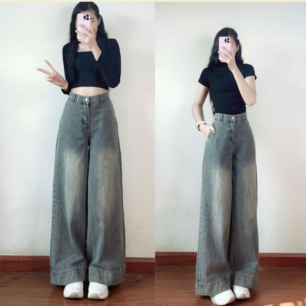 Quần jeans Joolate ống suông rộng màu xanh retro túi lệch hack eo Jeangauto