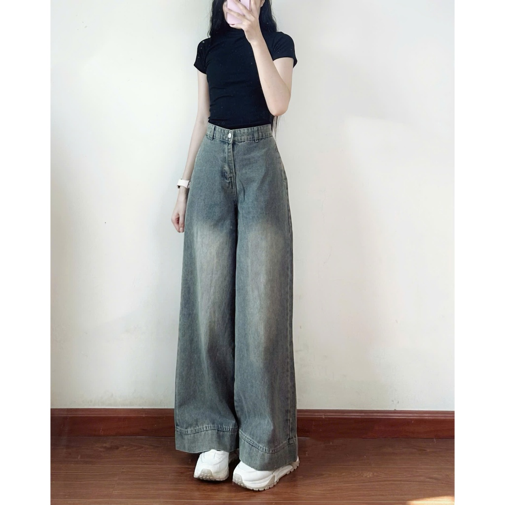 Quần jeans Joolate ống suông rộng màu xanh retro túi lệch hack eo Jeangauto
