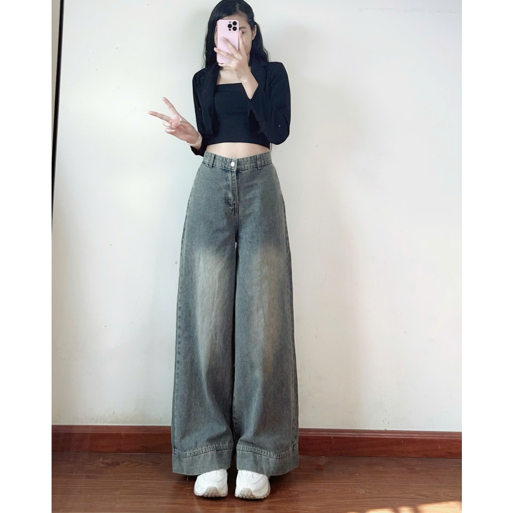 Quần jeans Joolate ống suông rộng màu xanh retro túi lệch hack eo Jeangauto