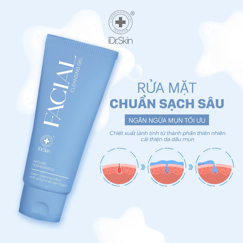 [iDr.Skin Chính Hãng]Sữa rửa mặt lên men sạch sâu IDr.Skin Facial Cleansing Gel hỗ trợ phục hồi phục hồi và tái tạo 120g