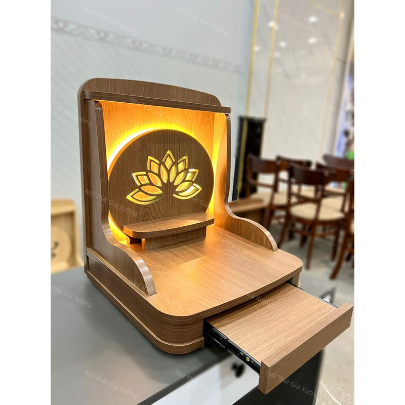 ( Có Đèn Led Sẵn ) BÀN THỜ THẦN TÀI THỔ ĐỊA HOA SEN NHỌN MÀU NÂU