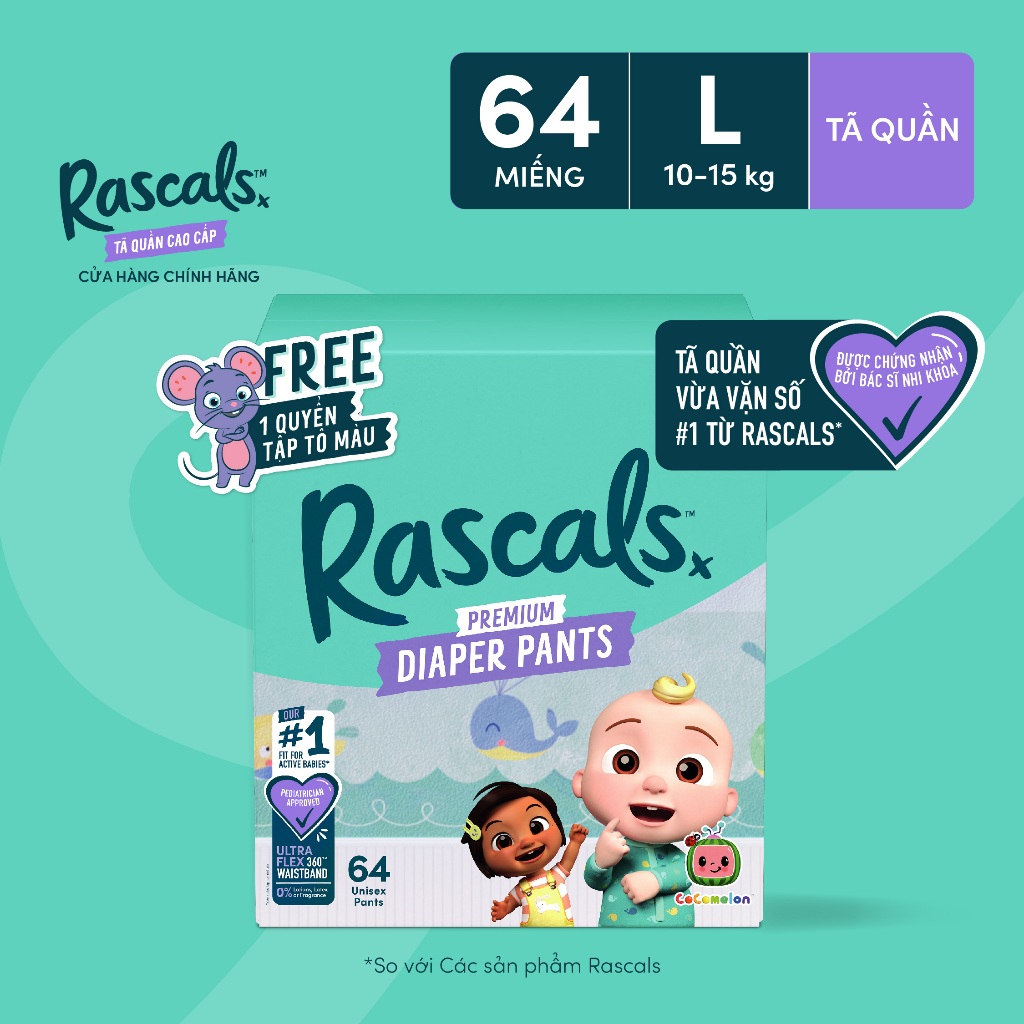 Tã/Bỉm Quần Rascals Cocomelon Size L (10-15kg) 64 miếng - Kèm Sách tô ...