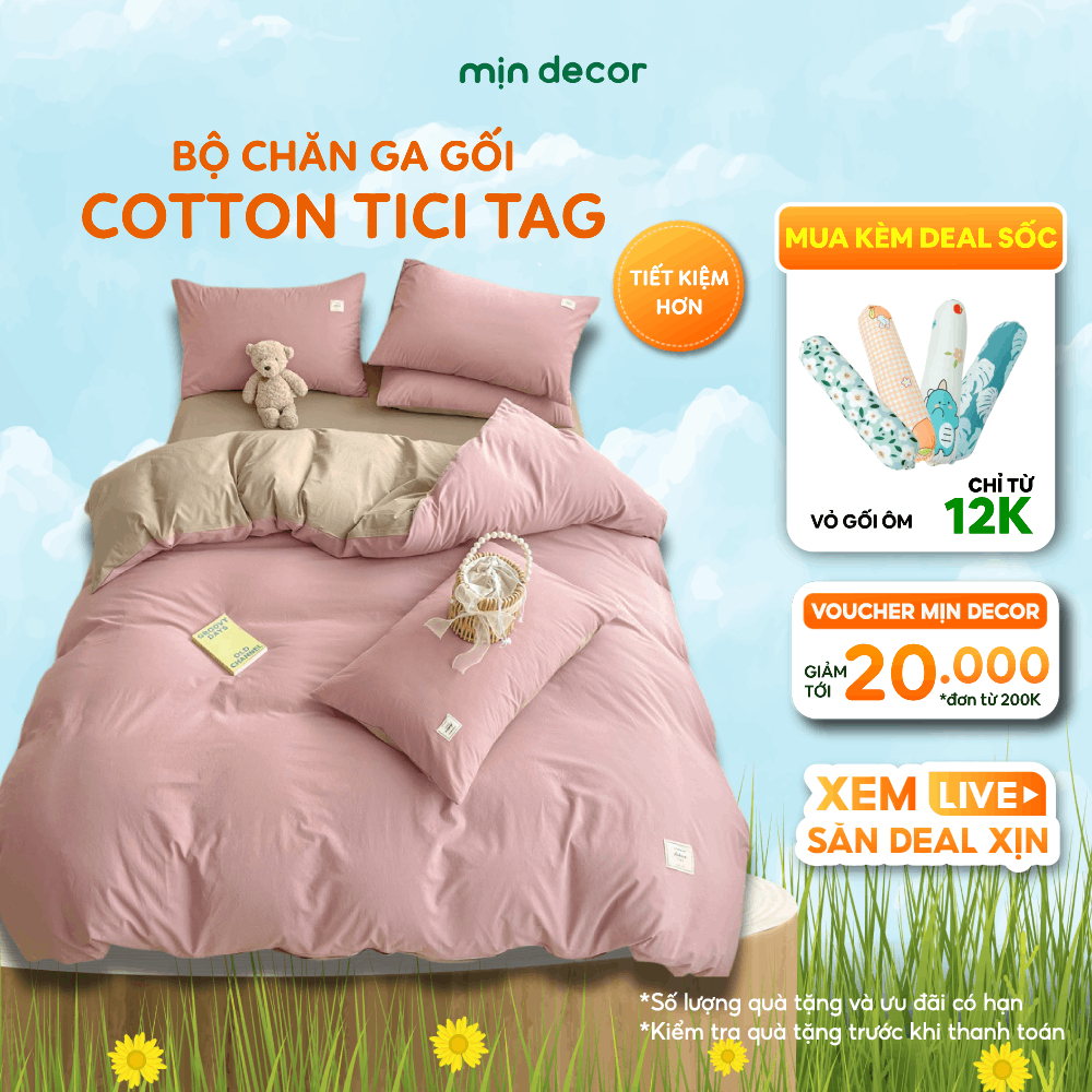 Ảnh Bộ Chăn Ga Gối Cotton Tici Tag Mịn Decor Bo Chun 10cm, Phong Cách Hàn Quốc - Màu Trơn Basic 1