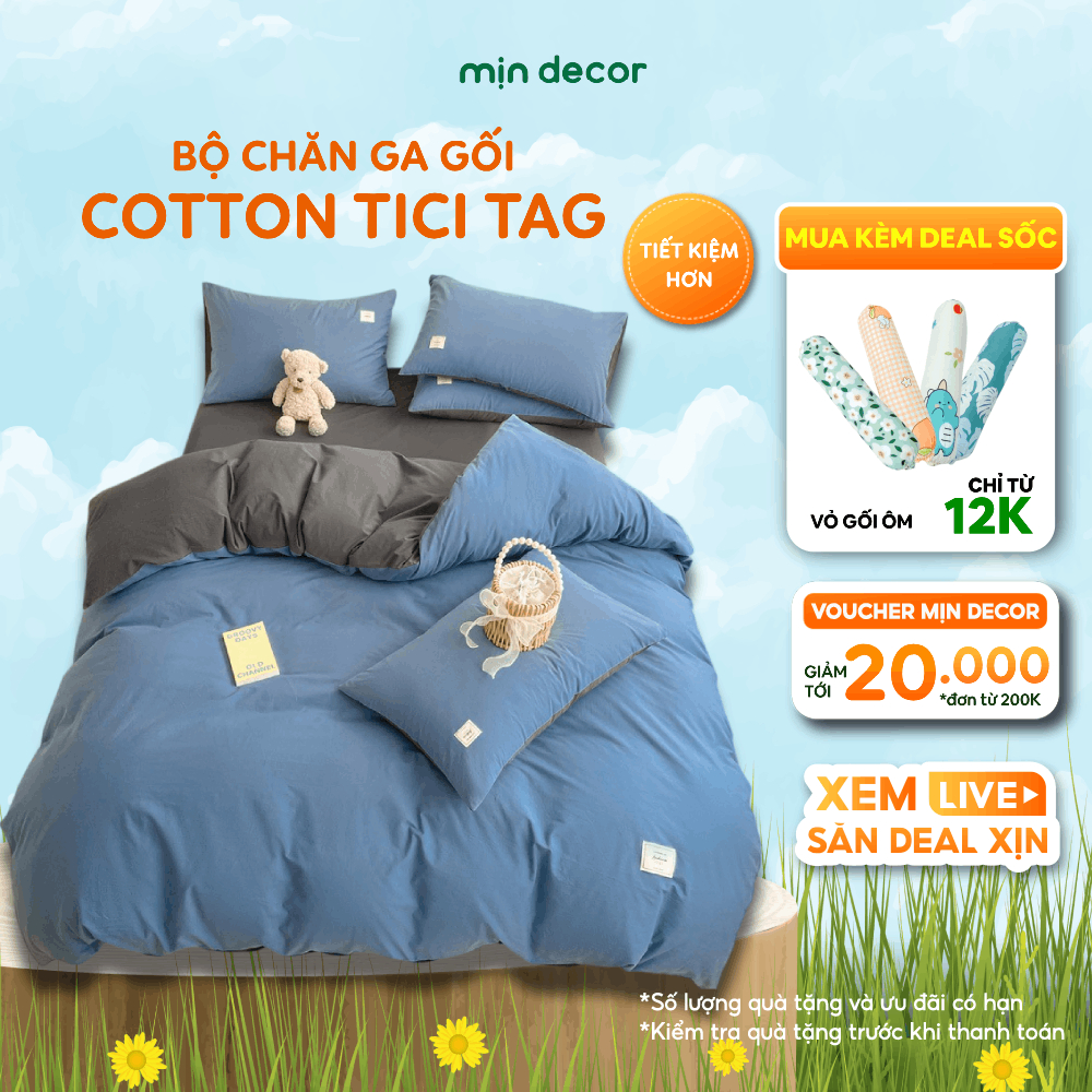 Ảnh Bộ Chăn Ga Gối Cotton Tici Tag Mịn Decor Bo Chun 30cm, Phong Cách Hàn Quốc - Màu Trơn Basic 1